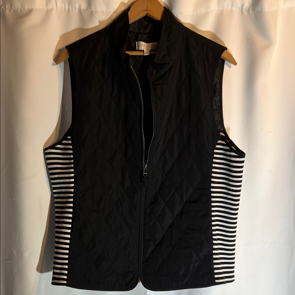 Talbots Black Quilted Vest with Black-and-White Stripe Sides